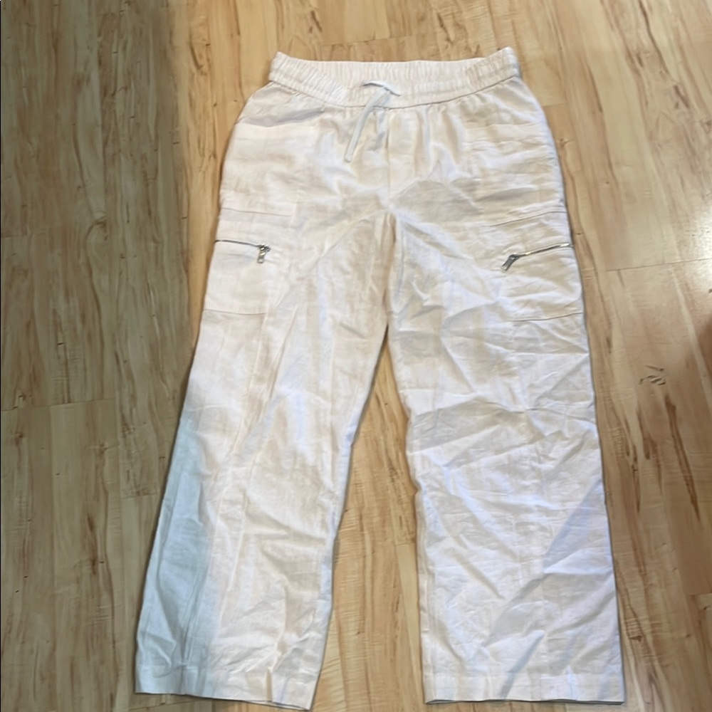 Dkny White Cargo Pants with Relaxed Fit and Elastic Waistband